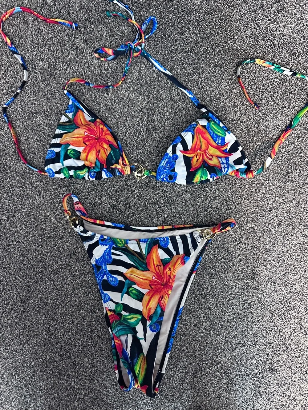 Floral Stripe Triangle Bikini Set - Orange & Blue